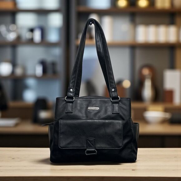 Multi Sac Black Leather Pebbled Multi Pocket Satchel Purse Bag EUC - Picture 1 of 12